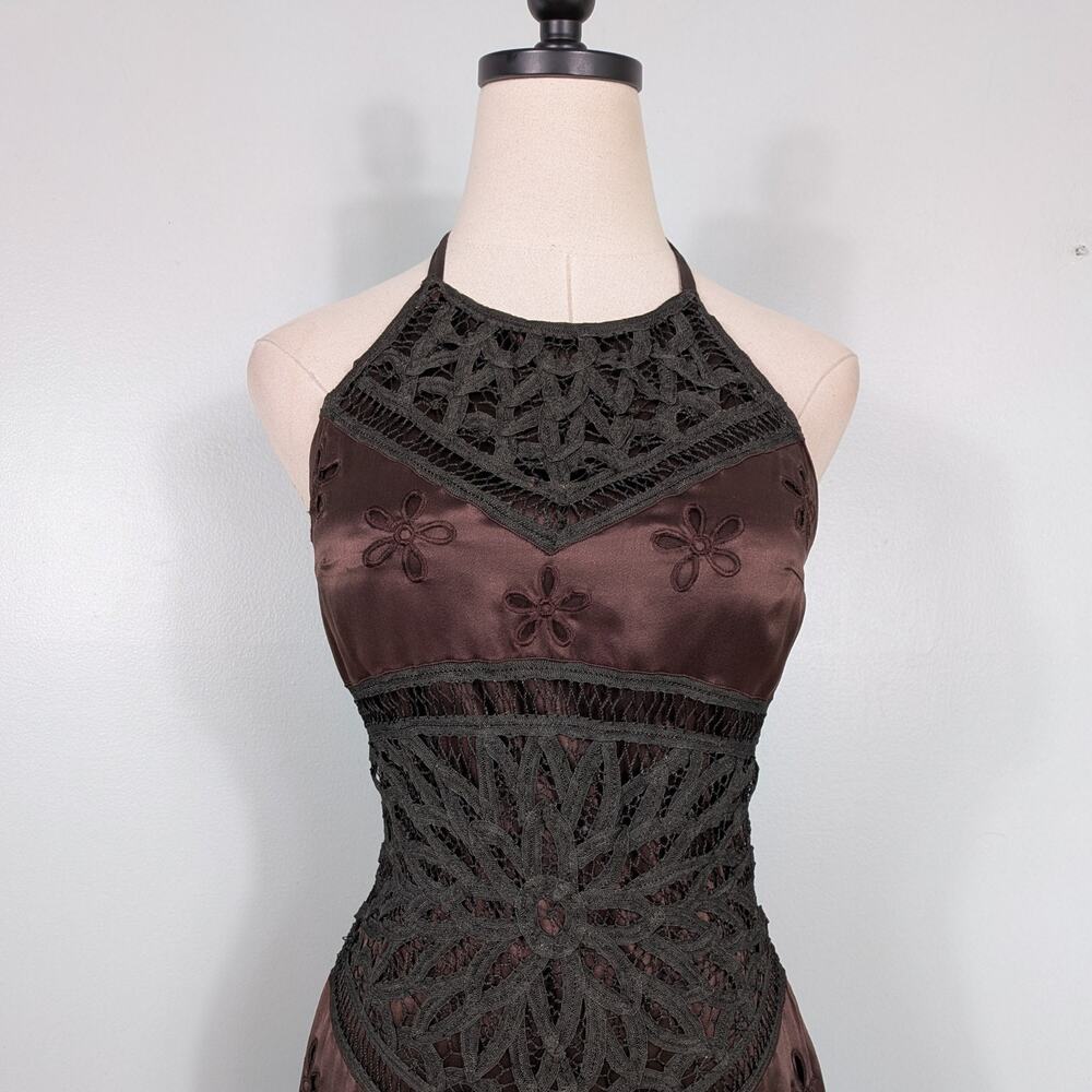 Vintage Cache Silk Midi Dress Cocktail Gown 6 Brown Lace Fairy Grunge 90sY2K - Picture 4 of 16